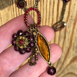 Art deco long three tiered vintage necklace with glass beads, charms, crystals